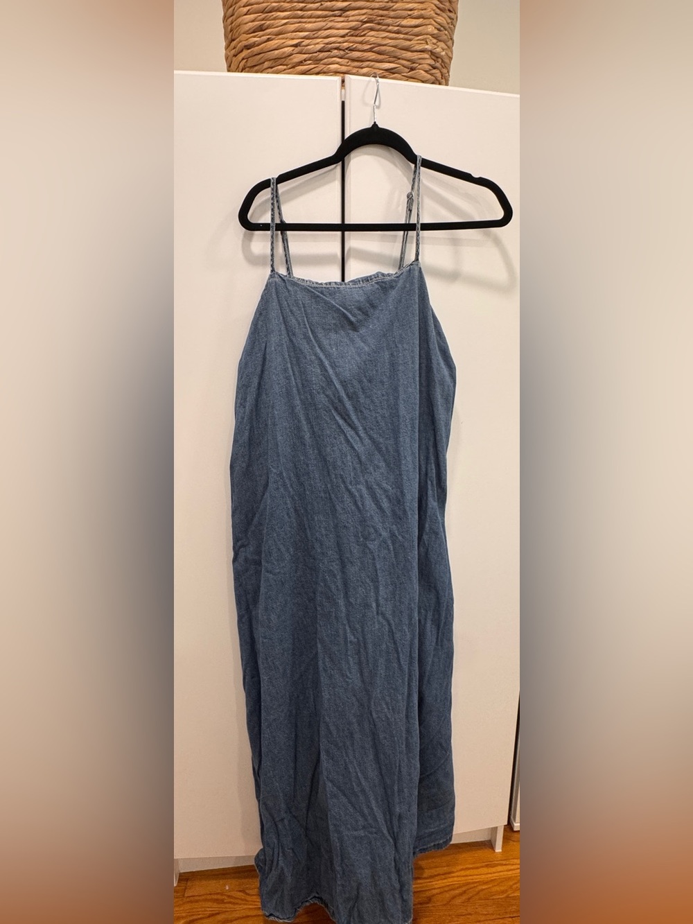 Zara’s Denim Maxi Cami Dress in Washed Blue